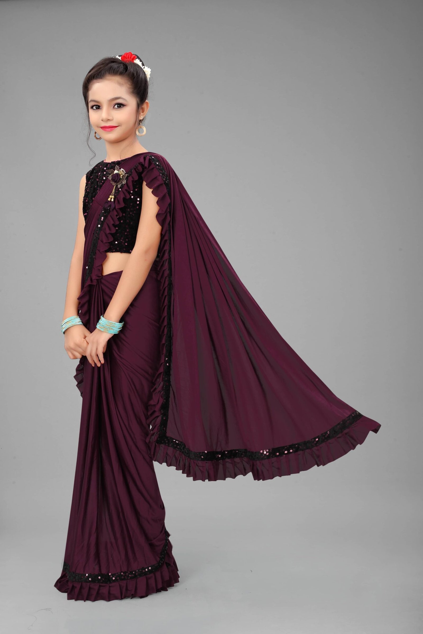 Lycra Ready To Wear Saree For Girls ( Purple , Pack of 1 ) - Image 3