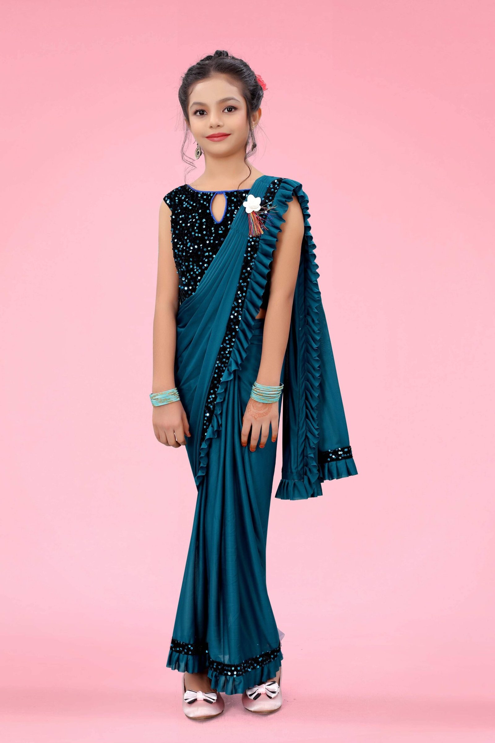 Lycra Ready To Wear Saree For Girls ( Teal , Pack of 1 )