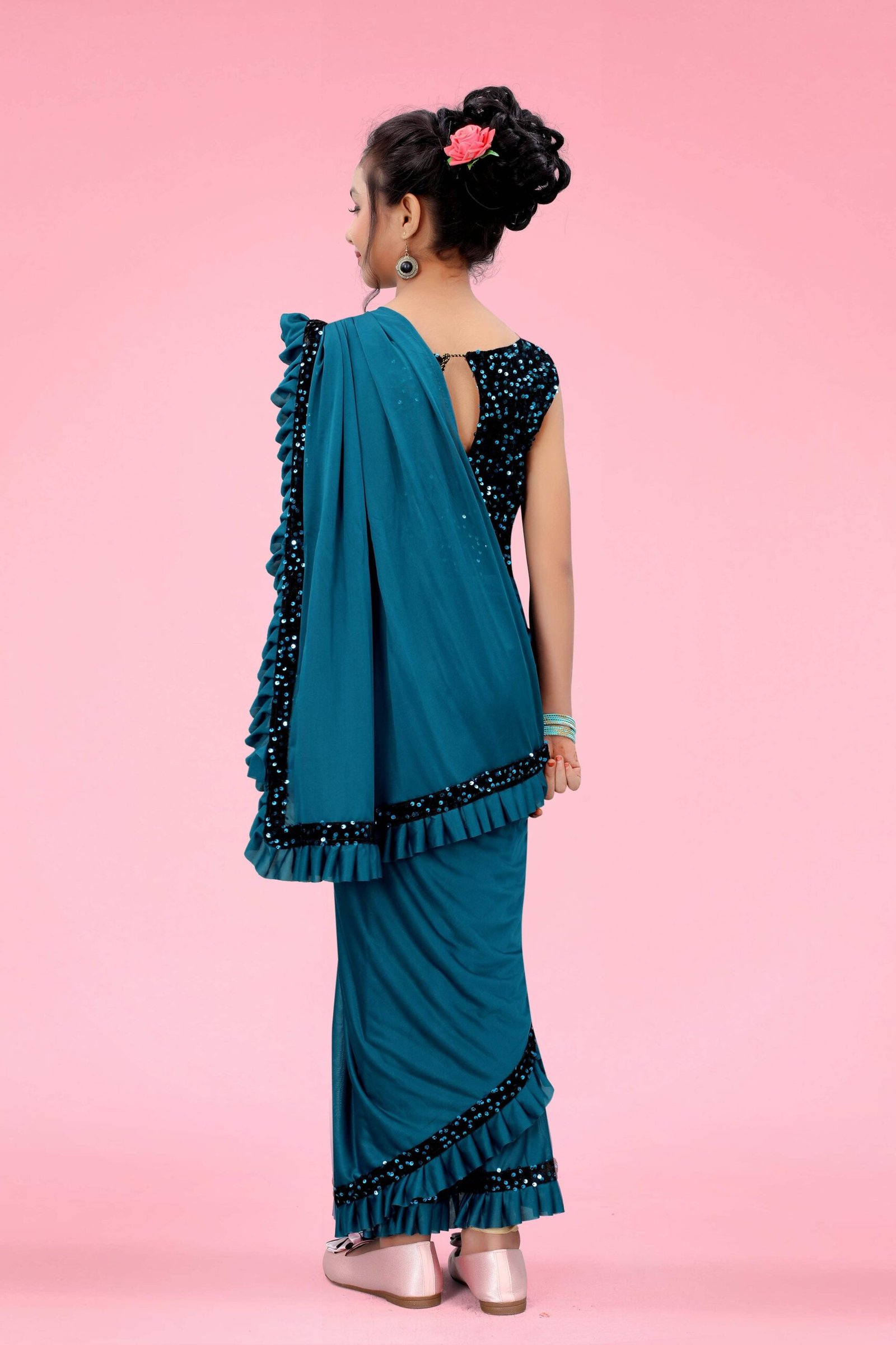 Lycra Ready To Wear Saree For Girls ( Teal , Pack of 1 ) - Image 2