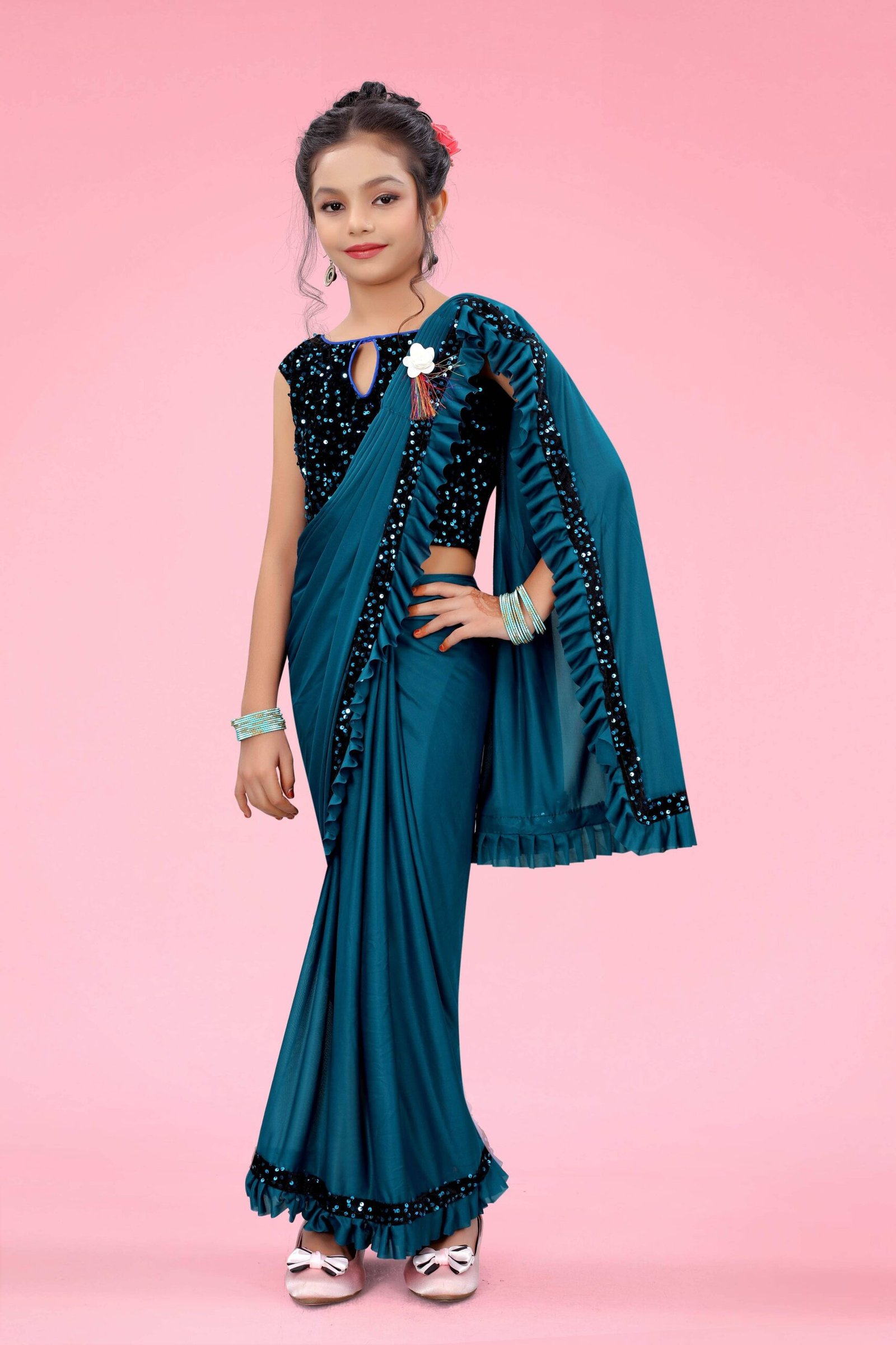 Lycra Ready To Wear Saree For Girls ( Teal , Pack of 1 ) - Image 3