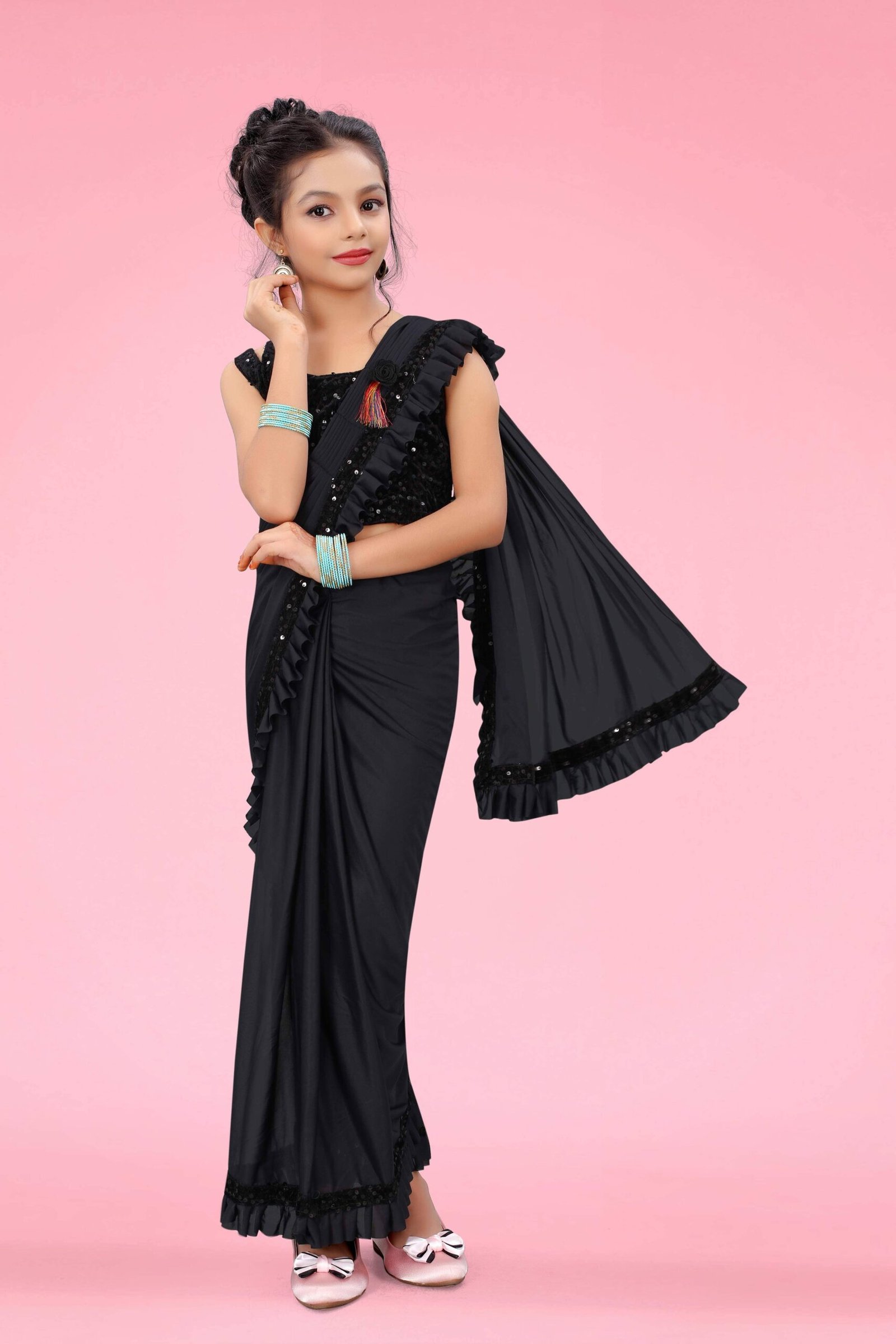 Lycra Ready To Wear Saree For Girls ( Black , Pack of 1 )