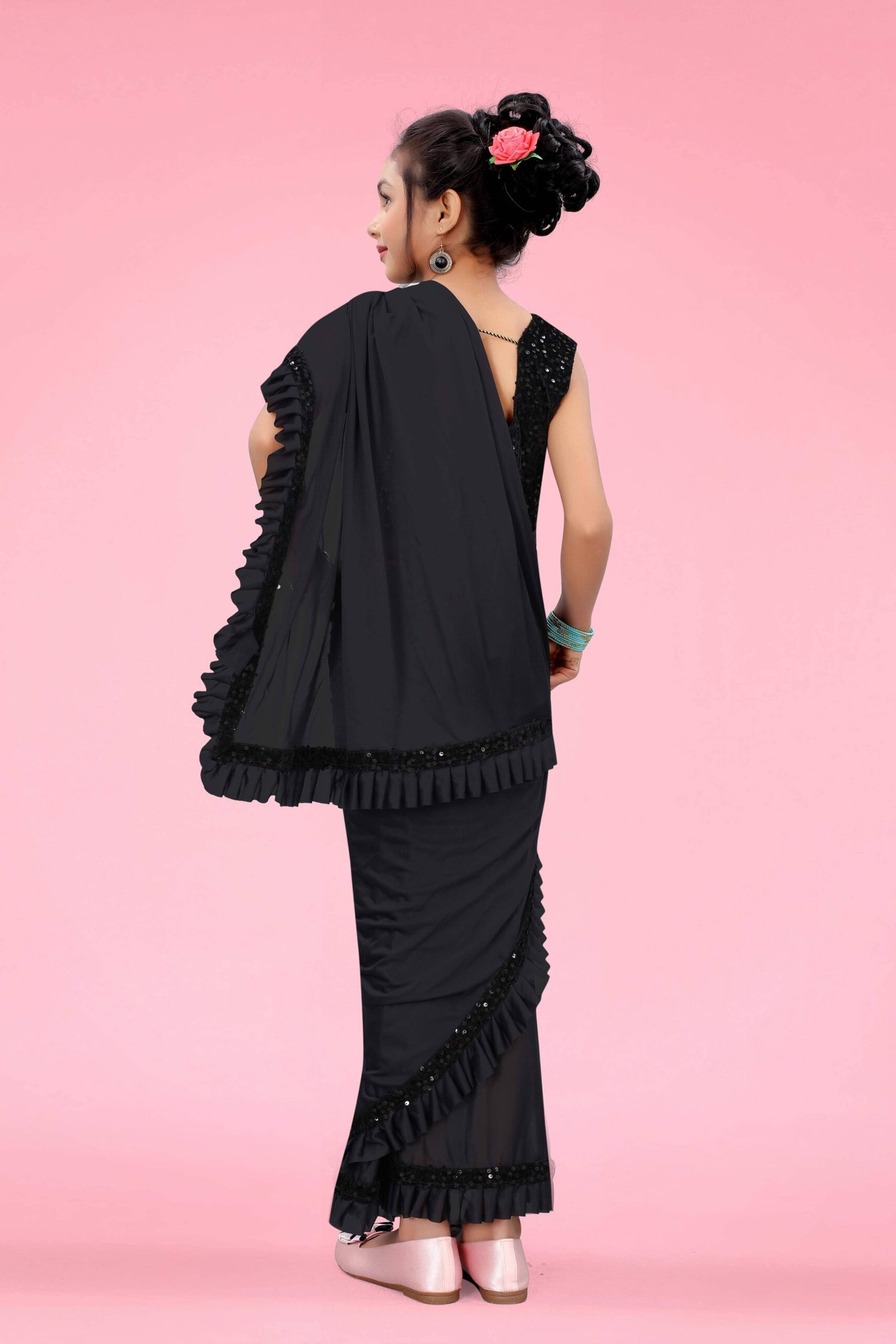 Lycra Ready To Wear Saree For Girls ( Black , Pack of 1 ) - Image 2