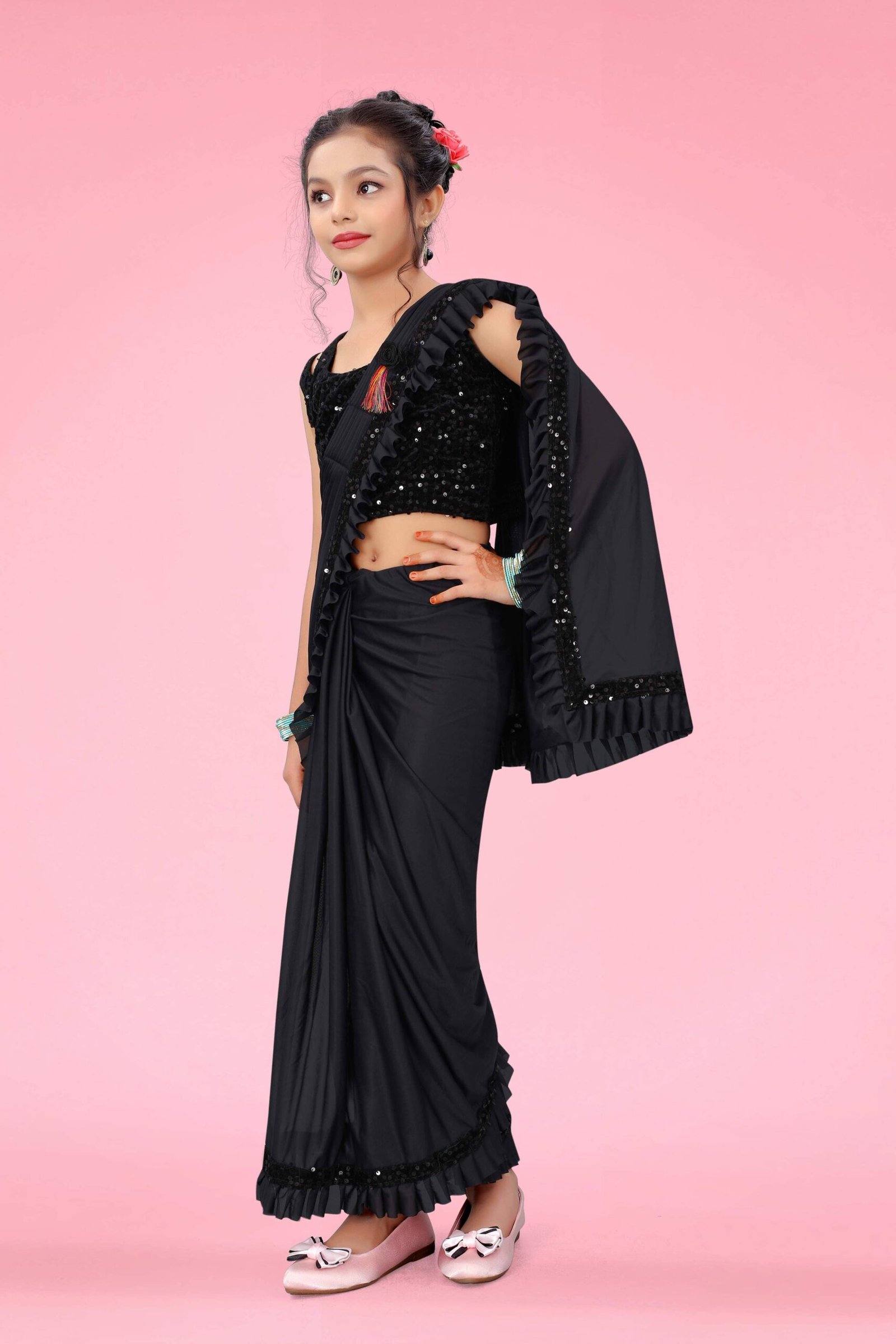 Lycra Ready To Wear Saree For Girls ( Black , Pack of 1 ) - Image 3
