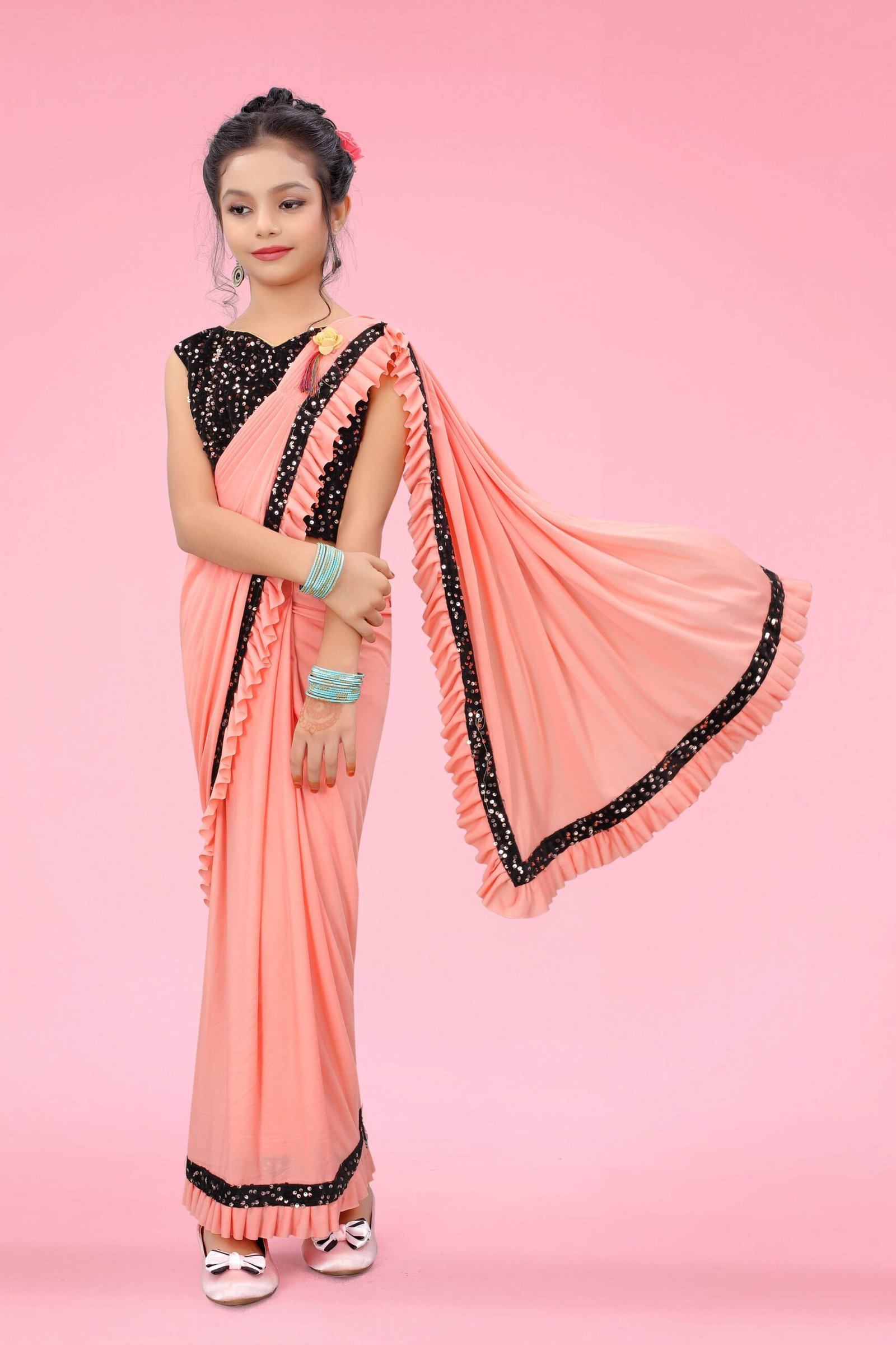 Lycra Ready To Wear Saree For Girls ( Peach , Pack of 1 )