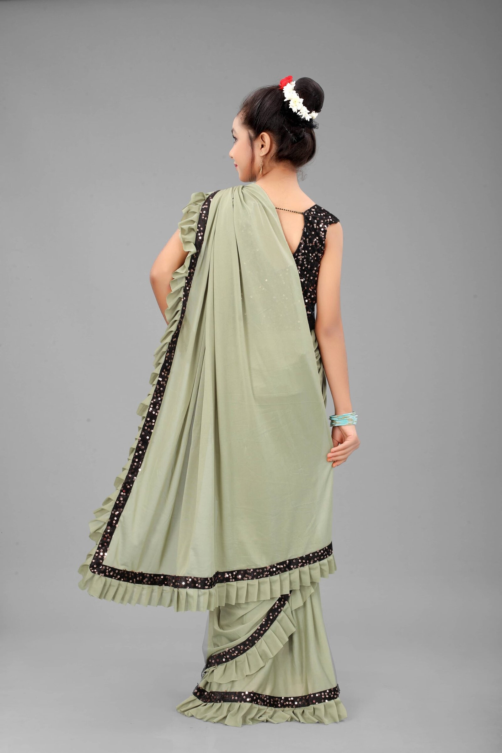 Lycra Ready To Wear Saree For Girls ( Peach , Pack of 1 ) - Image 2
