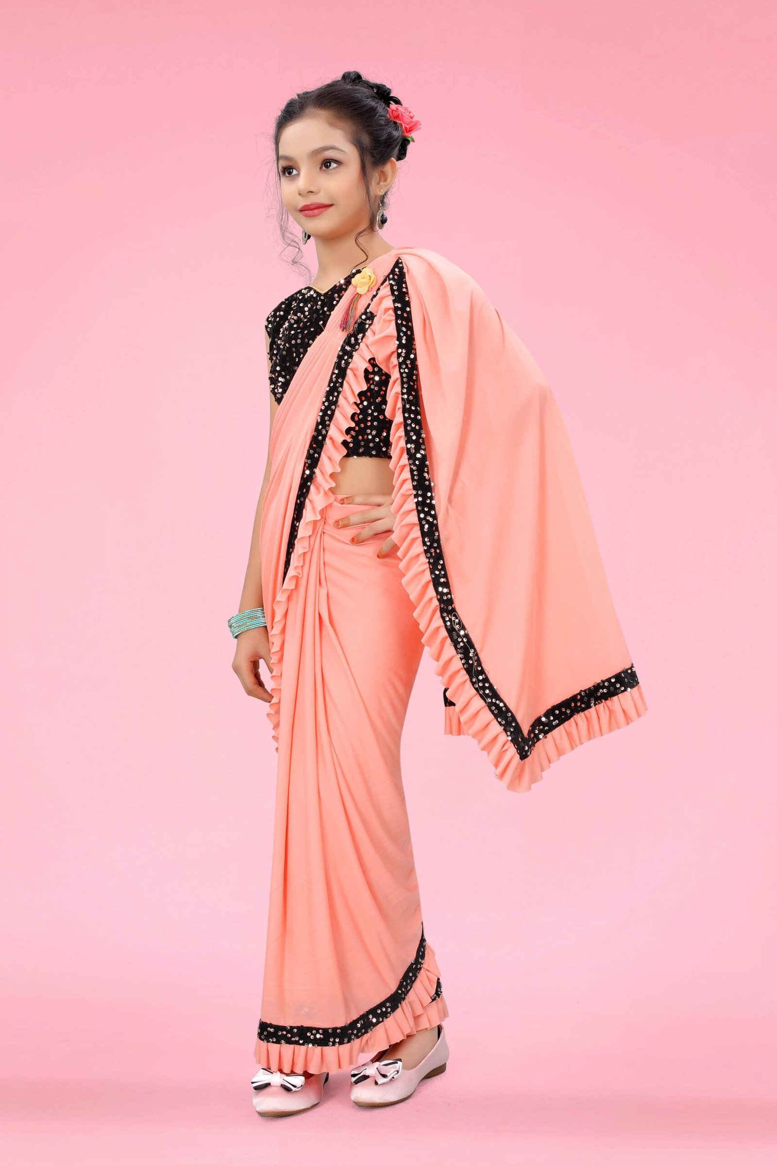 Lycra Ready To Wear Saree For Girls ( Peach , Pack of 1 ) - Image 3