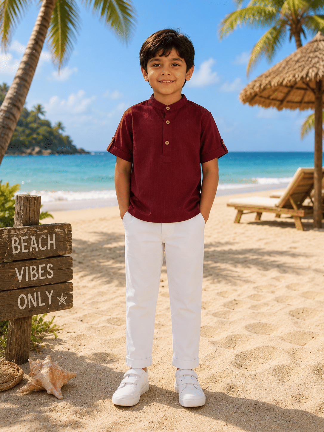Baby Boys Cotton Blend Shirt & Pants Set ( Maroon , Pack of 1 ) - Image 2