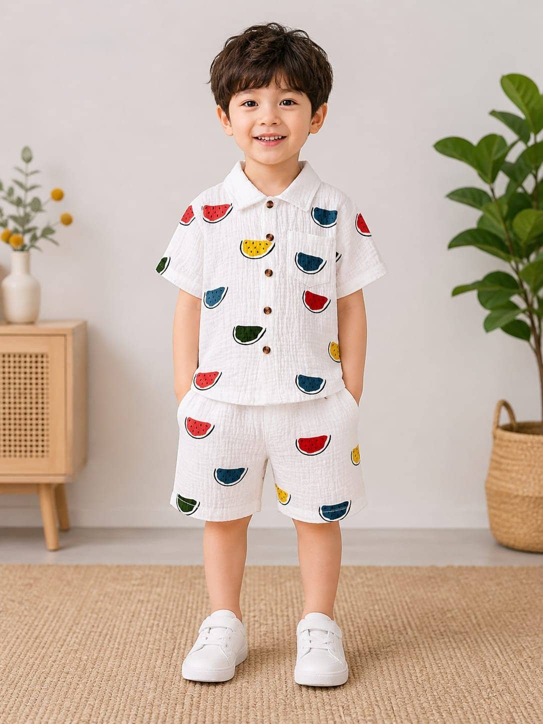 Cotton Blend Printed Shirt With Shorts Co-Ord Set For Boys ( White )