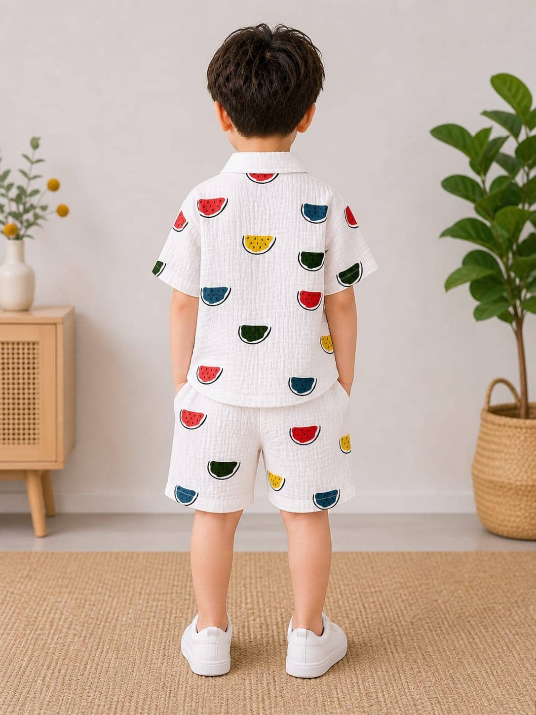 Cotton Blend Printed Shirt With Shorts Co-Ord Set For Boys ( White ) - Image 2