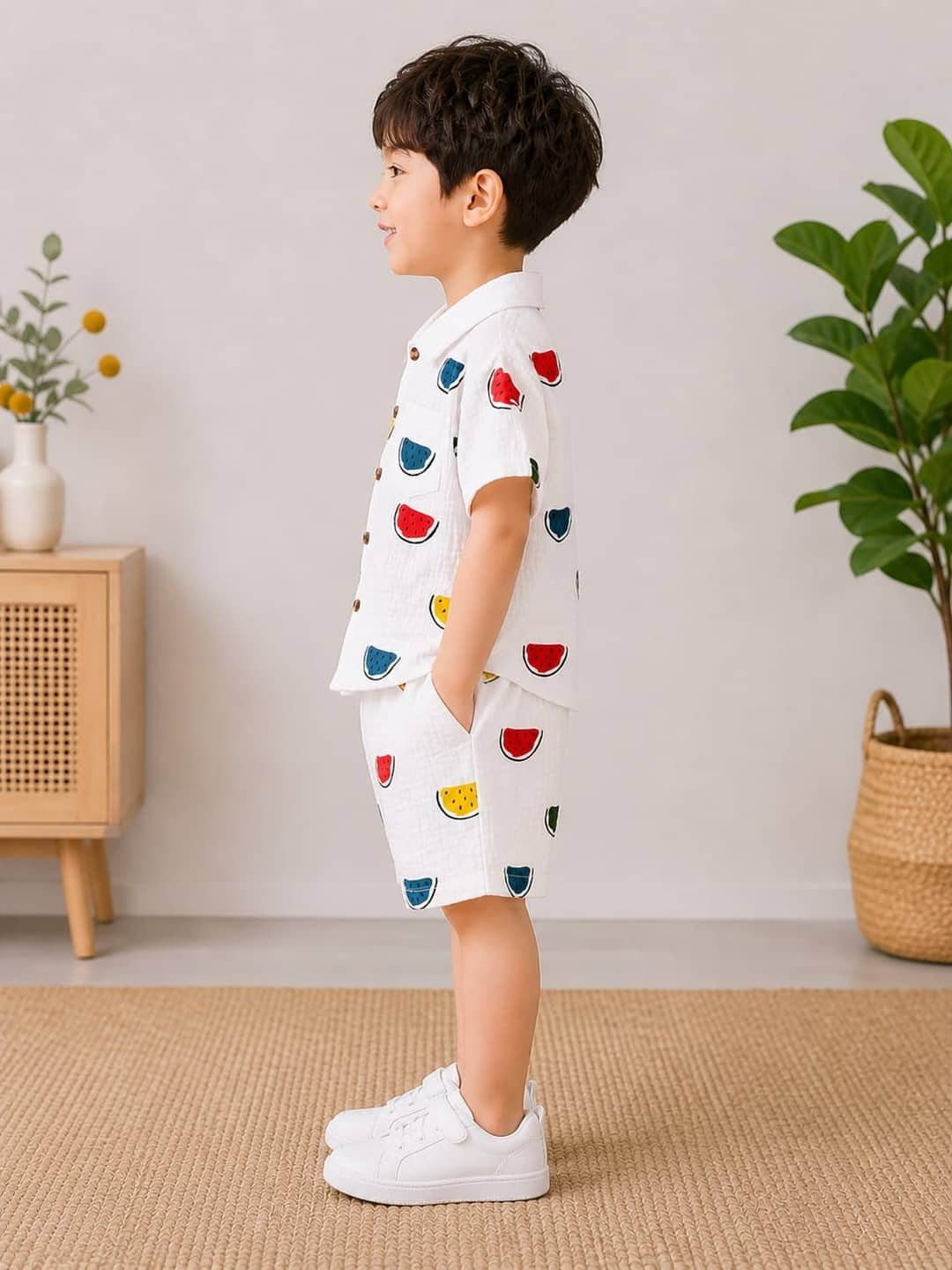 Cotton Blend Printed Shirt With Shorts Co-Ord Set For Boys ( White ) - Image 3