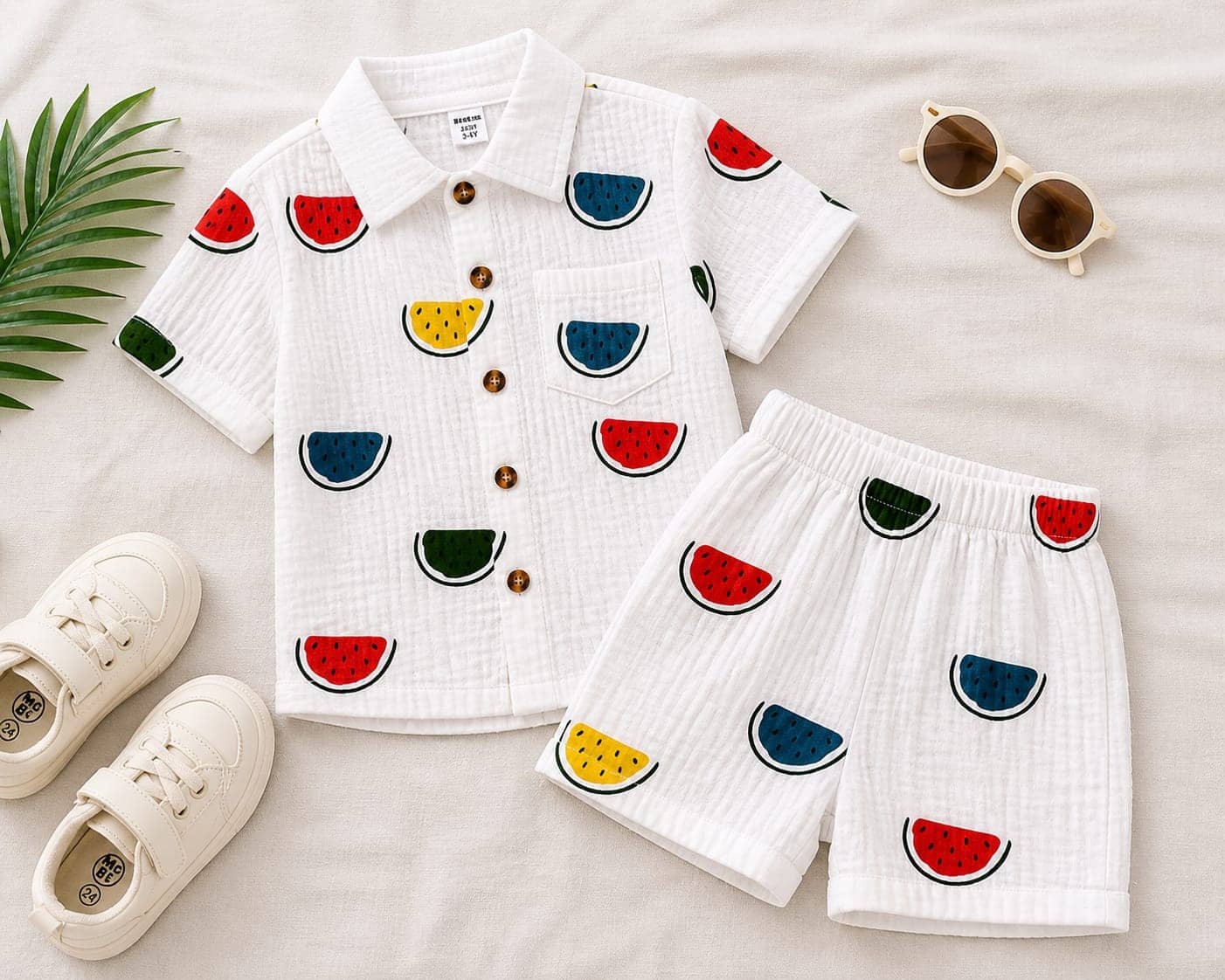 Cotton Blend Printed Shirt With Shorts Co-Ord Set For Boys ( White ) - Image 5