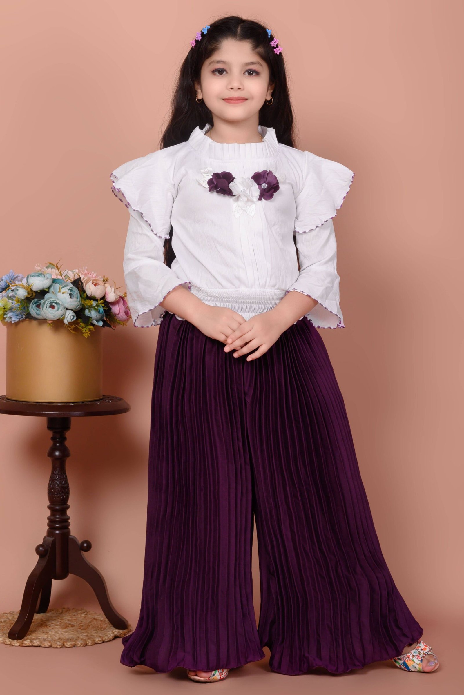 Zenat Pack of 1 Girls Georgette T-shirt & Pyjama ( Purple )