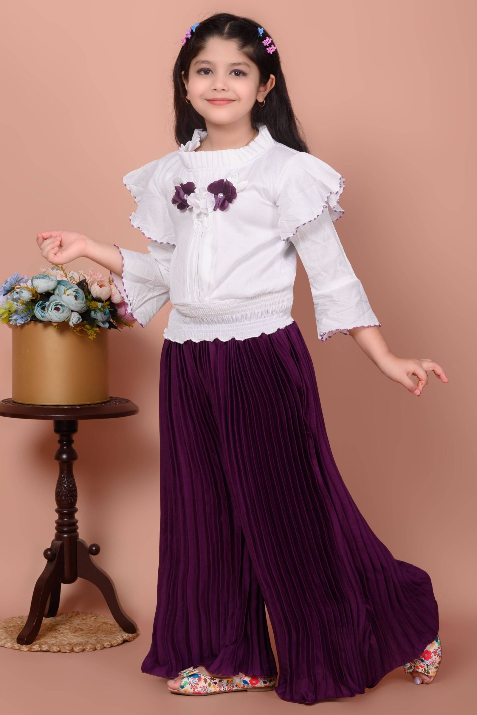 Zenat Pack of 1 Girls Georgette T-shirt & Pyjama ( Purple ) - Image 3
