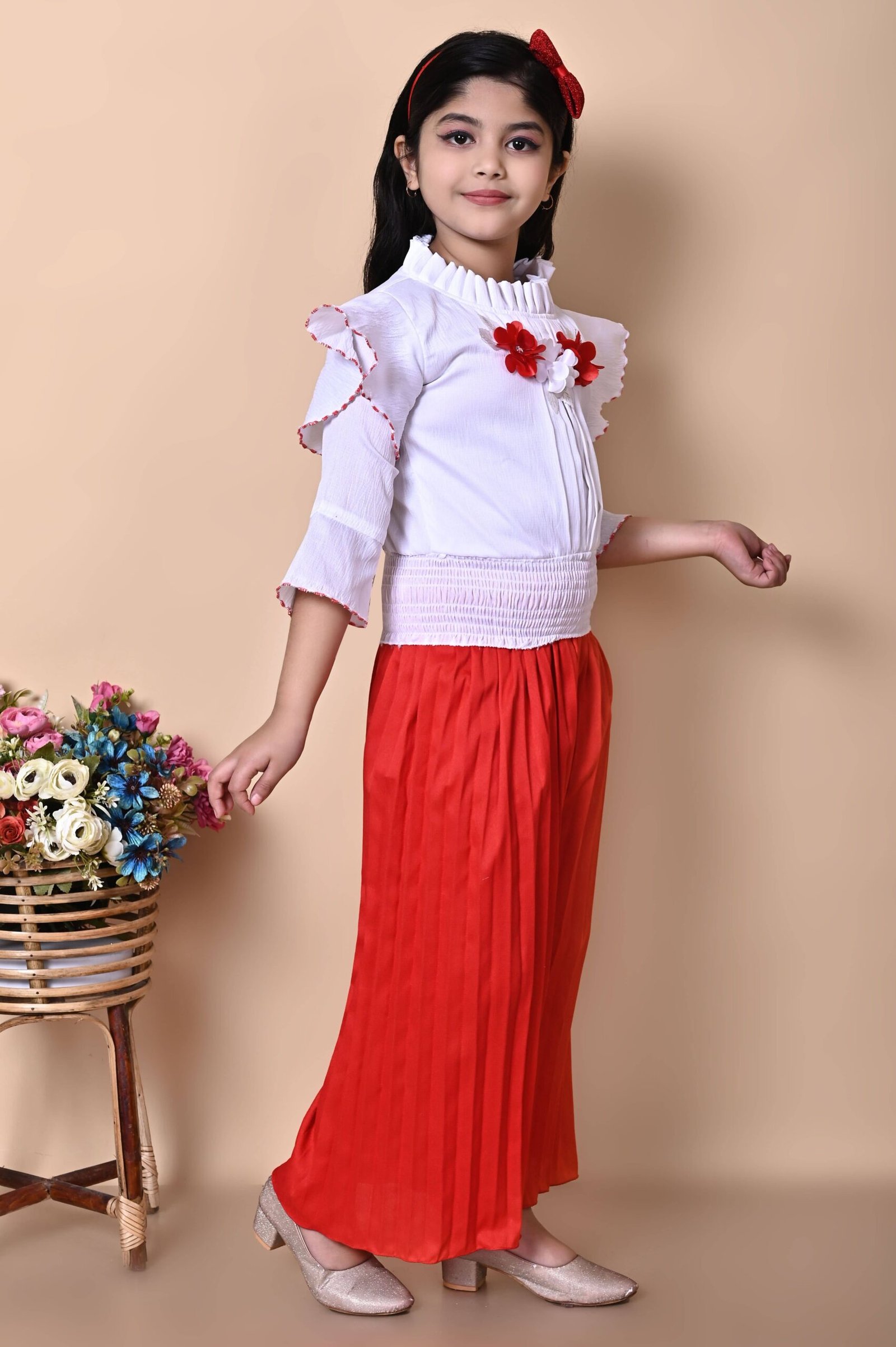 Zenat Pack of 1 Girls Georgette T-shirt & Pyjama ( Red ) - Image 2