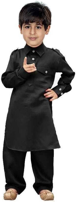 hrr Boys Cotton Blend Solid - Pattern Kurta Pyjama Set ( Black , Pack of 1 )