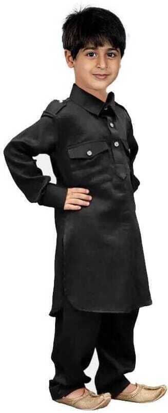 hrr Boys Cotton Blend Solid - Pattern Kurta Pyjama Set ( Black , Pack of 1 ) - Image 3