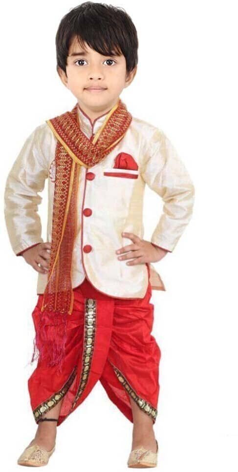 hrr Boys Silk Ethnic - Pattern Dhoti Kurta Set ( Beige , Pack of 1 )