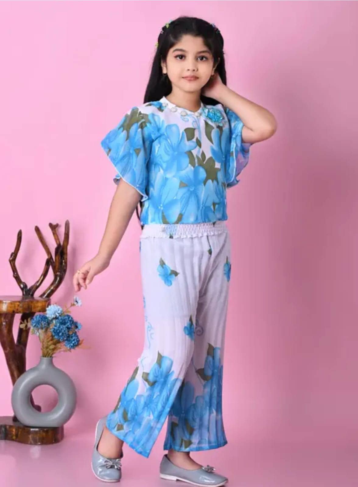 new sarika dresses Baby Girls Chiffon Top & Pant Set ( Blue , Pack of 1 ) - Image 2