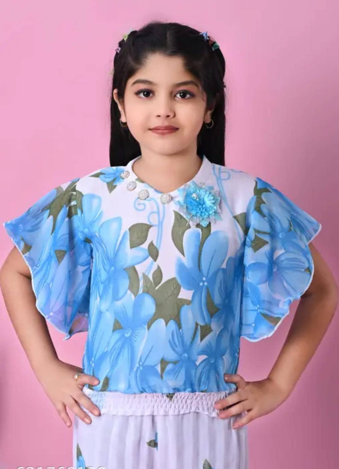 new sarika dresses Baby Girls Chiffon Top & Pant Set ( Blue , Pack of 1 ) - Image 3