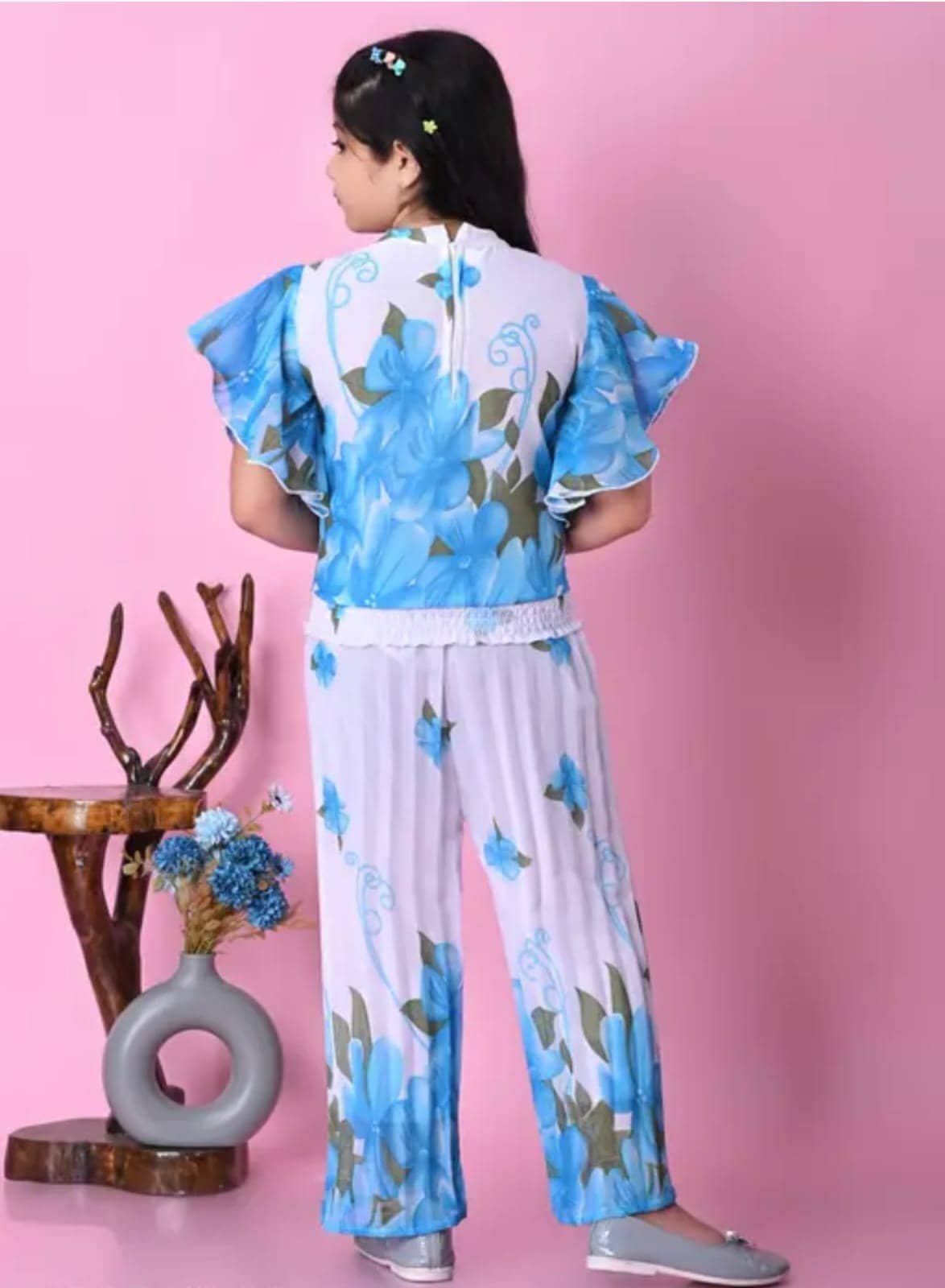 new sarika dresses Baby Girls Chiffon Top & Pant Set ( Blue , Pack of 1 ) - Image 4