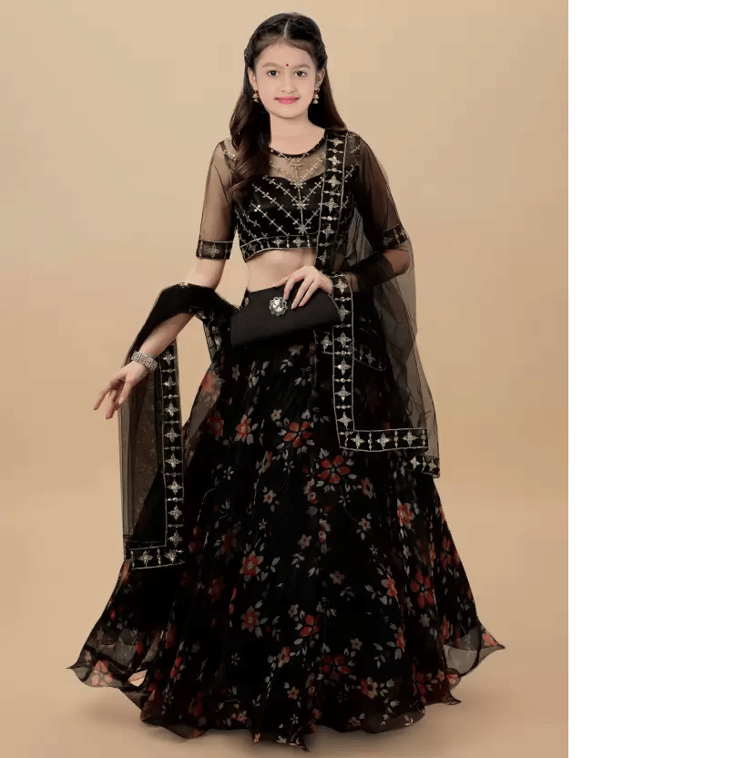 piludi Organza Lehenga Choli Set For Girls ( Pack of 1 , Black )