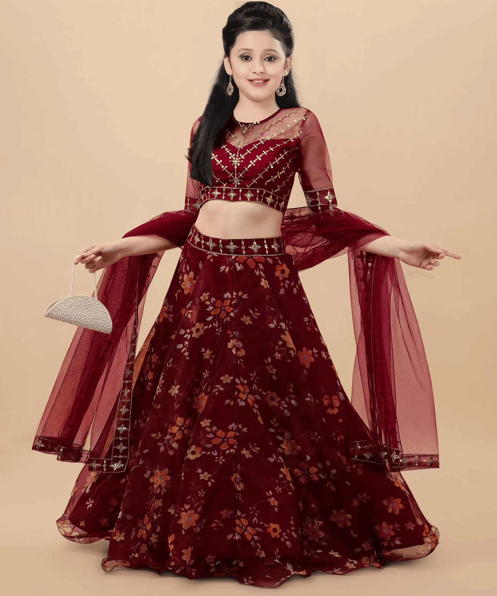 piludi Organza Lehenga Choli Set For Girls ( Pack of 1 , Maroon )