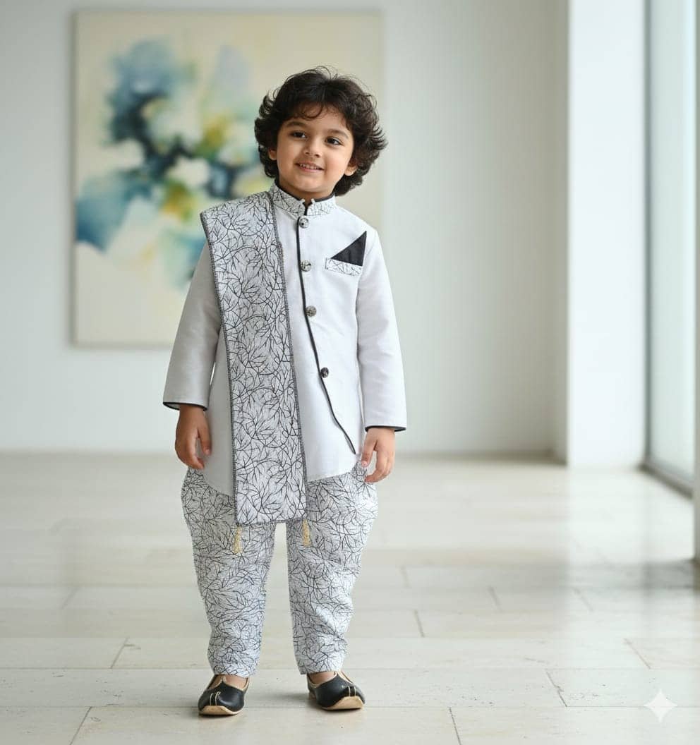 s muktar garments Baby Boys Silk Blend Silver Kurta Pyjama Set ( Pack of 1 )