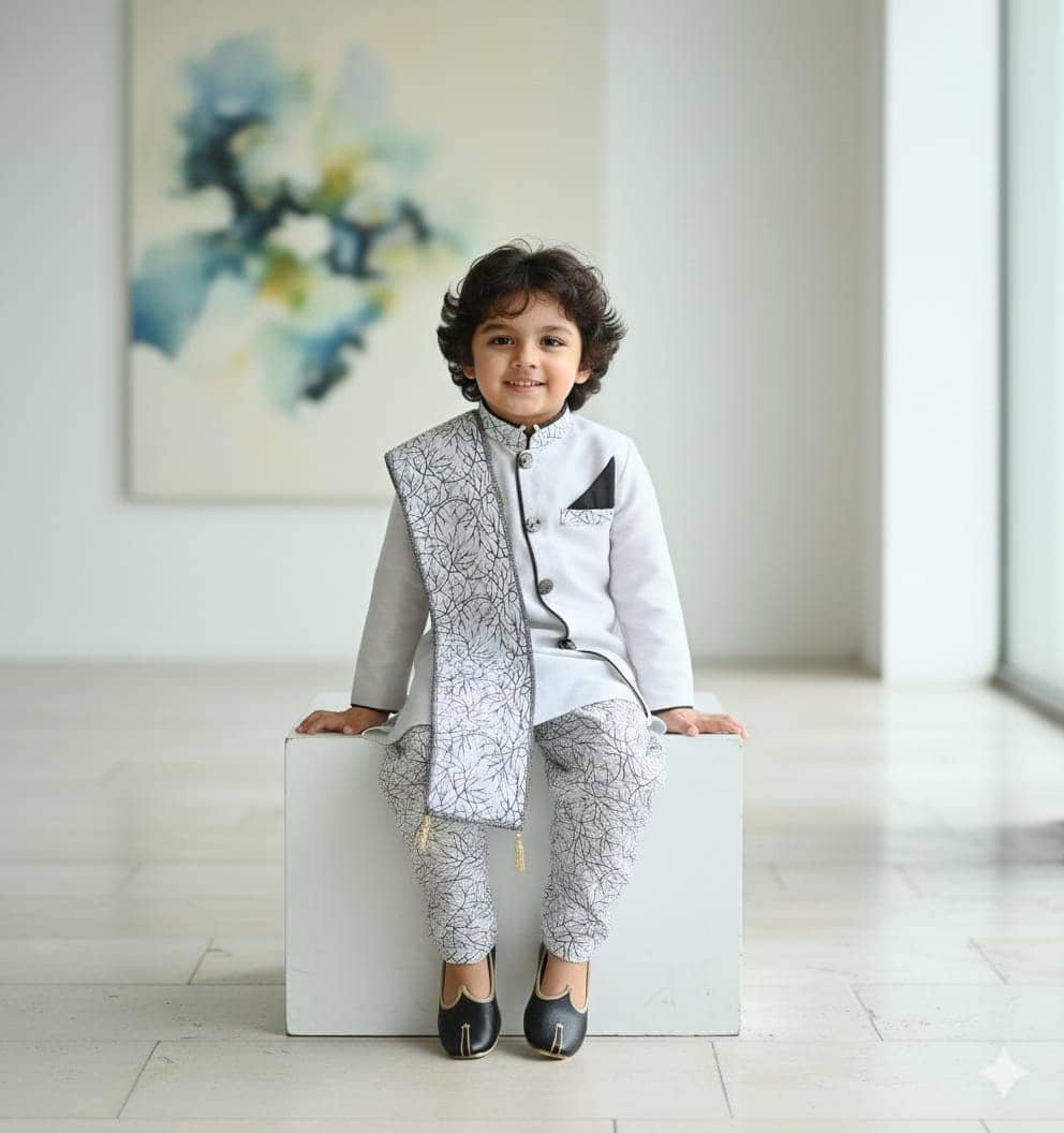 s muktar garments Baby Boys Silk Blend Silver Kurta Pyjama Set ( Pack of 1 ) - Image 4