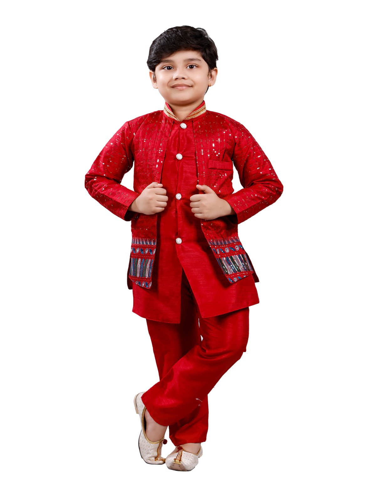 s muktar garments Boys Cotton Blend Sequined - Pattern Kurta Pant Set ( Red , Pack of 1 )