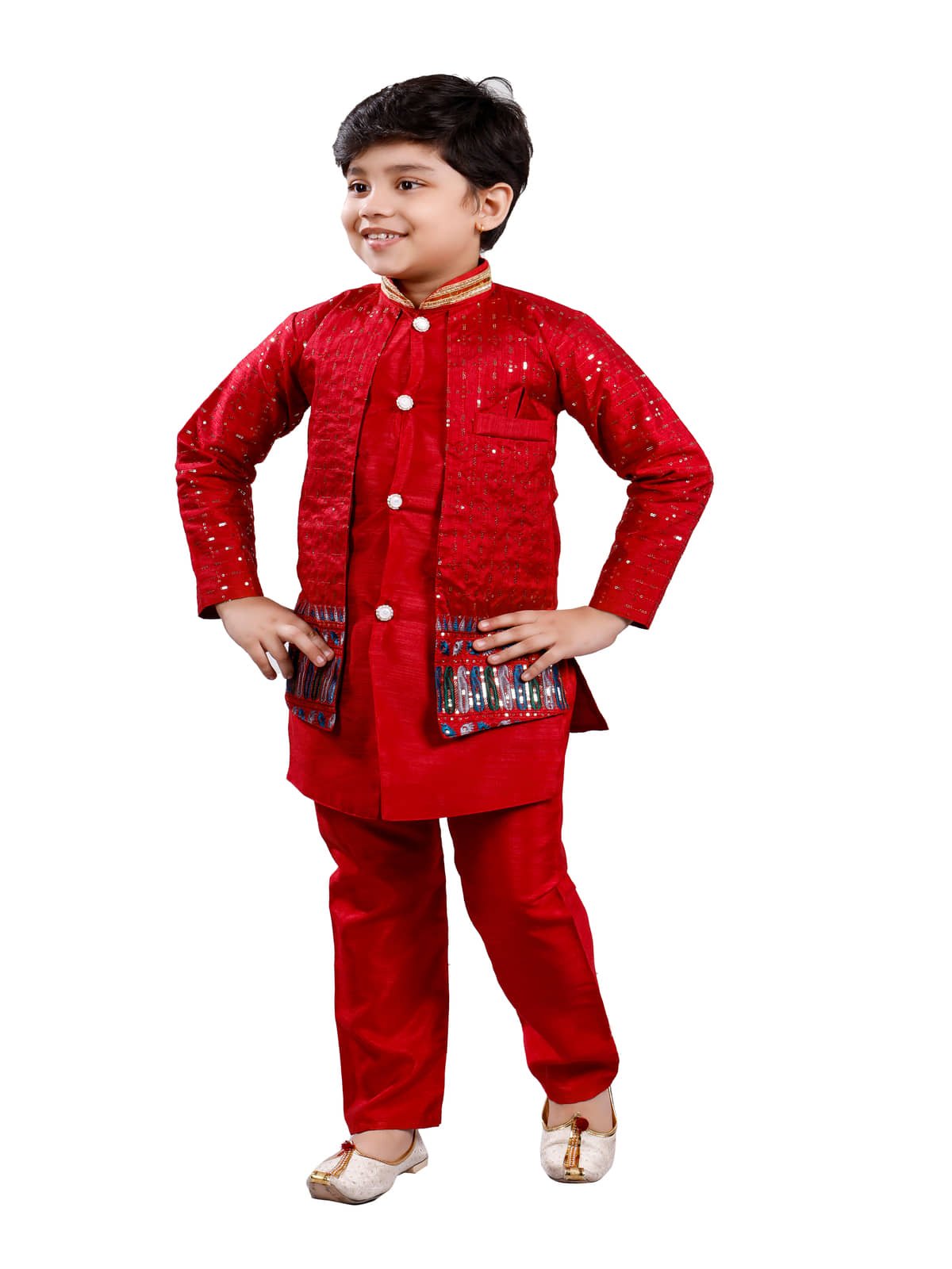 s muktar garments Boys Cotton Blend Sequined - Pattern Kurta Pant Set ( Red , Pack of 1 ) - Image 3