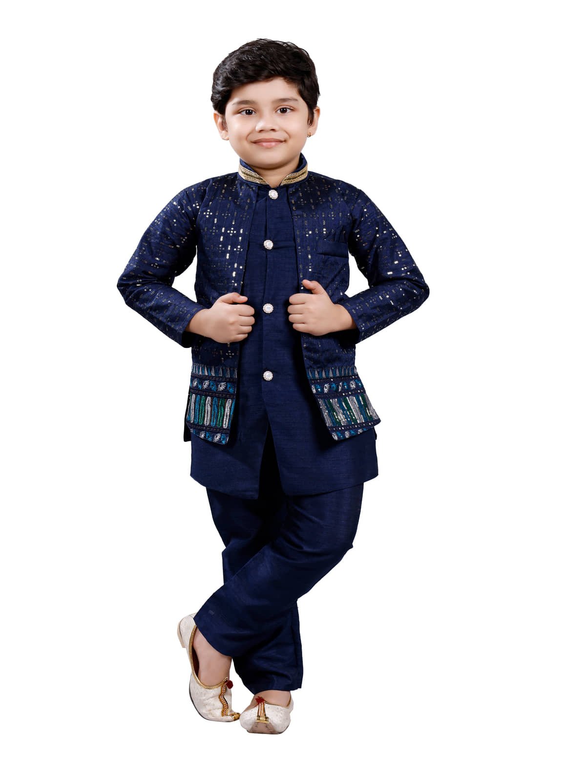 s muktar garments Boys Cotton Blend Sequined - Pattern Kurta Pant Set ( Navy Blue , Pack of 1 )