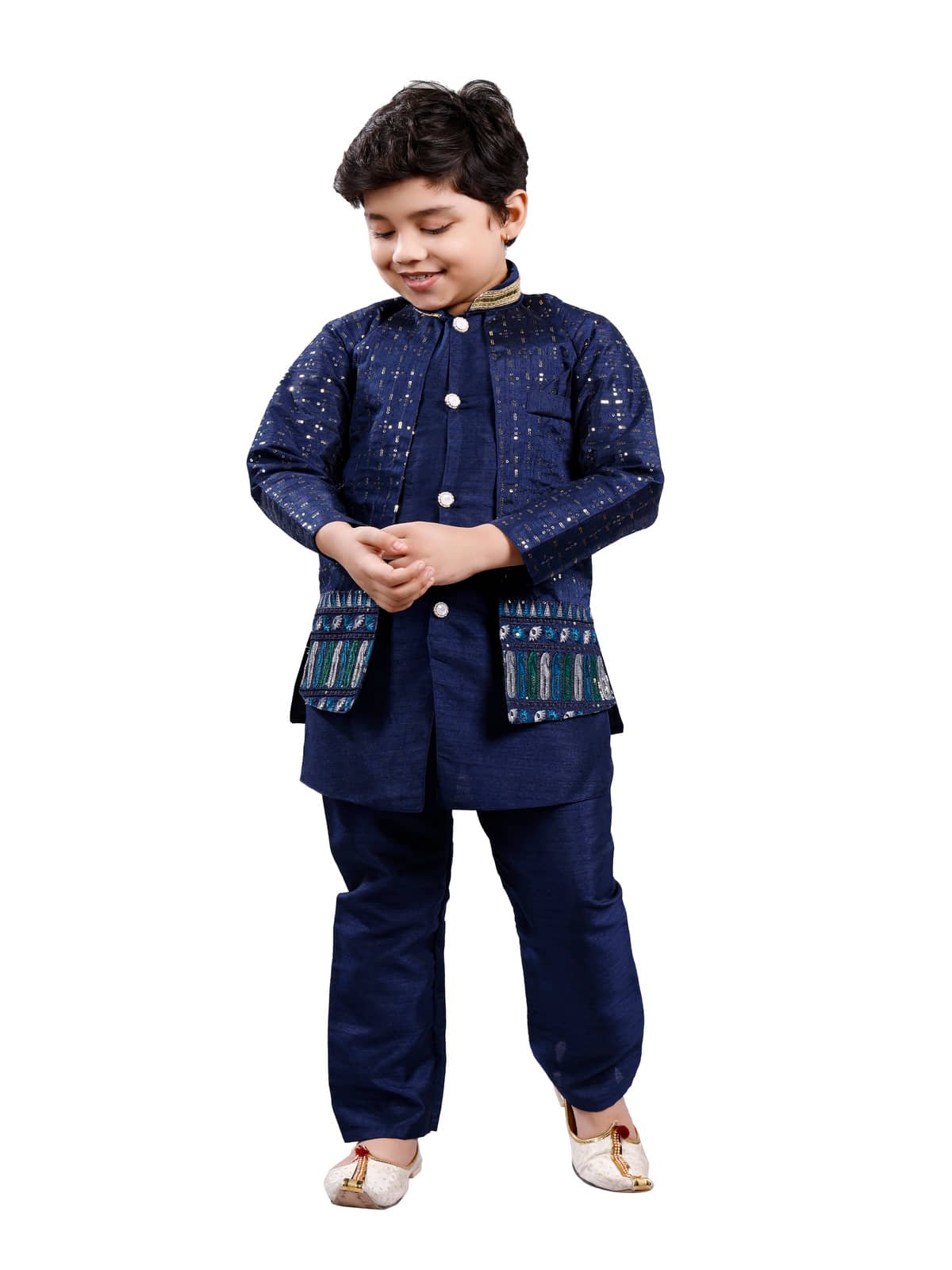 s muktar garments Boys Cotton Blend Sequined - Pattern Kurta Pant Set ( Navy Blue , Pack of 1 ) - Image 3
